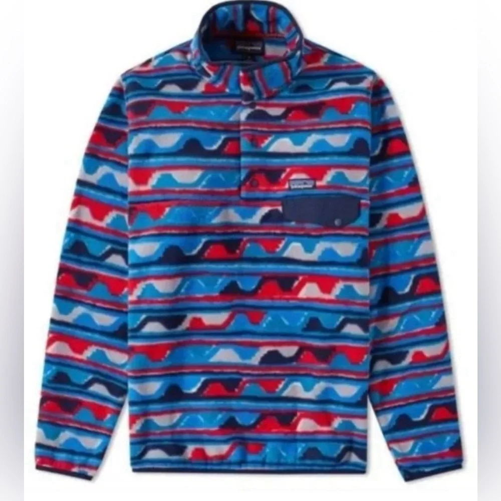 Patagonia Men’s Synchilla Snap-T Pullover Delta Wave Navy Blue Red White XXL